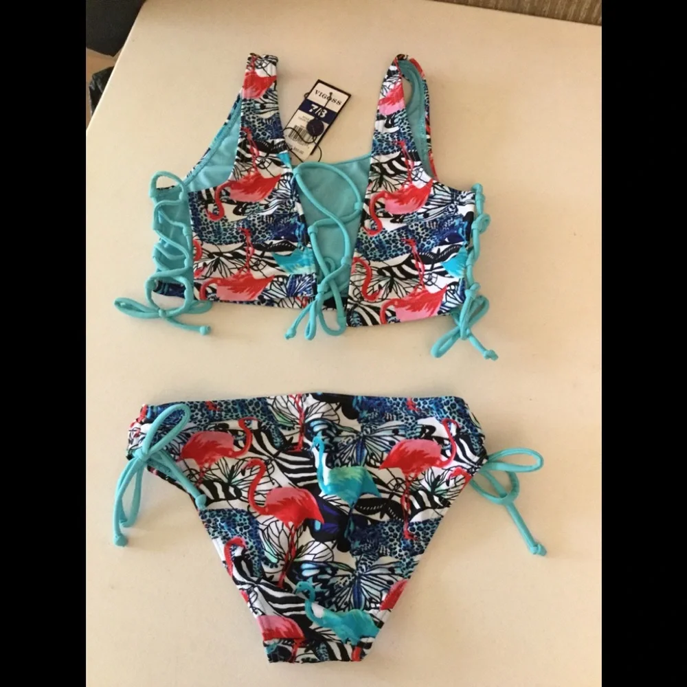 NWT sz 7/8 Vigoss adjustable straps & sides flamingo print two-piece bikini set